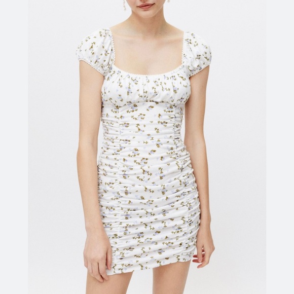 Urban Outfitters Dresses & Skirts - NWT Urban Outfitters Bodycon Ruched Mini White Floral Dress Blue Green S XS